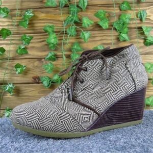 Toms Geometric Brown Patterned Oxford Wedge Ankle Boots